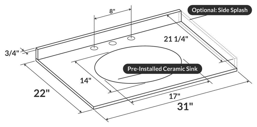 Cara White 31"x22" Marble Vanity Top, 8" Spread
