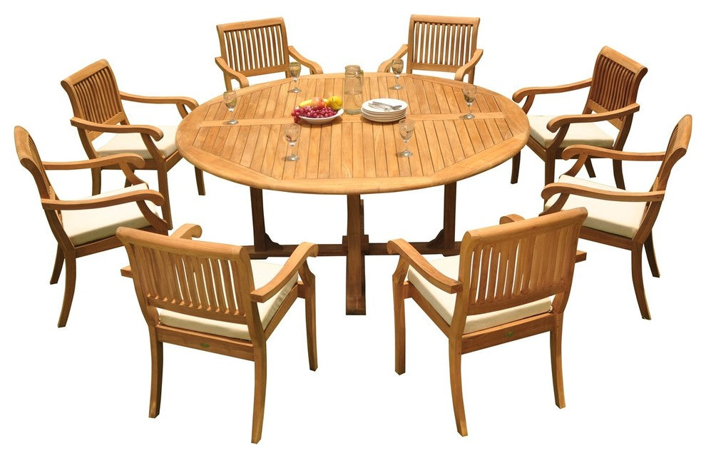 9-Piece Outdoor Teak Dining Set, 72" Round Table, 8 Arbor Stacking Arm Chairs