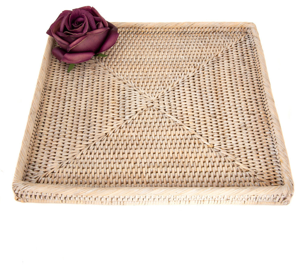 Artifacts Rattan Square Flat Tray, White Wash, 12"x12"x1"
