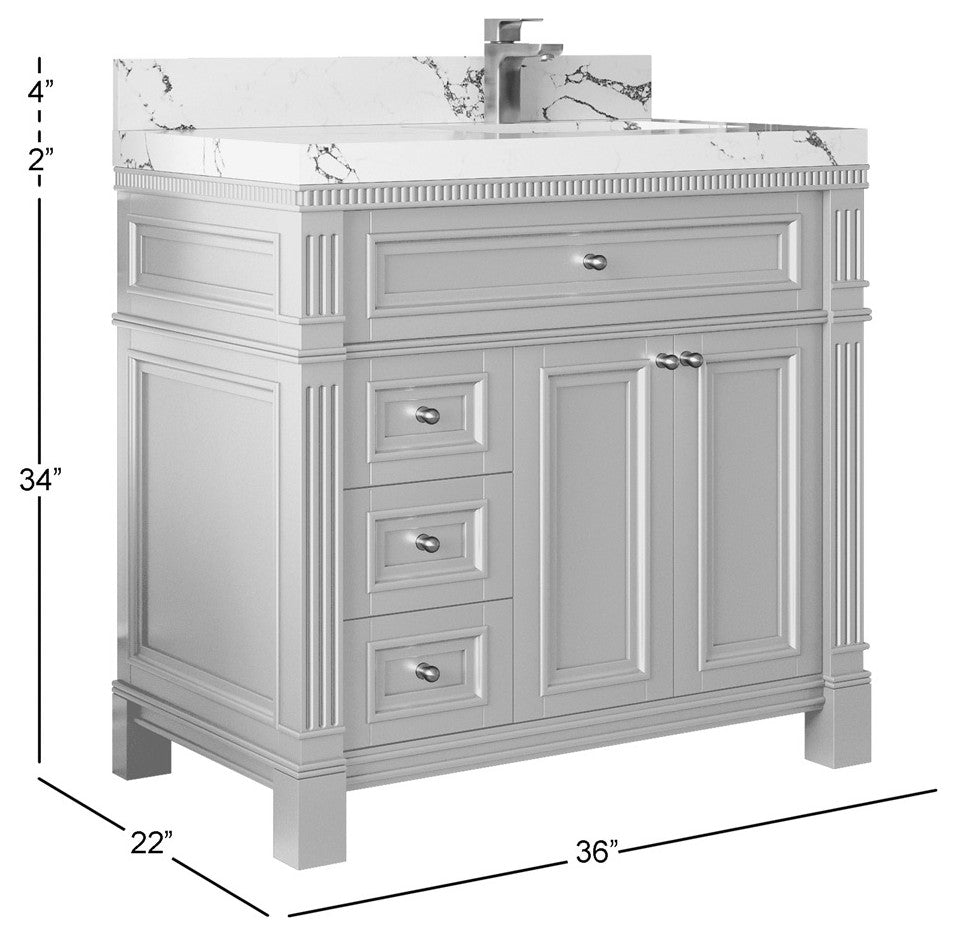 Paris 36" Right Offset Bathroom Vanity, Blue Heather 1.5" Empira Quartz