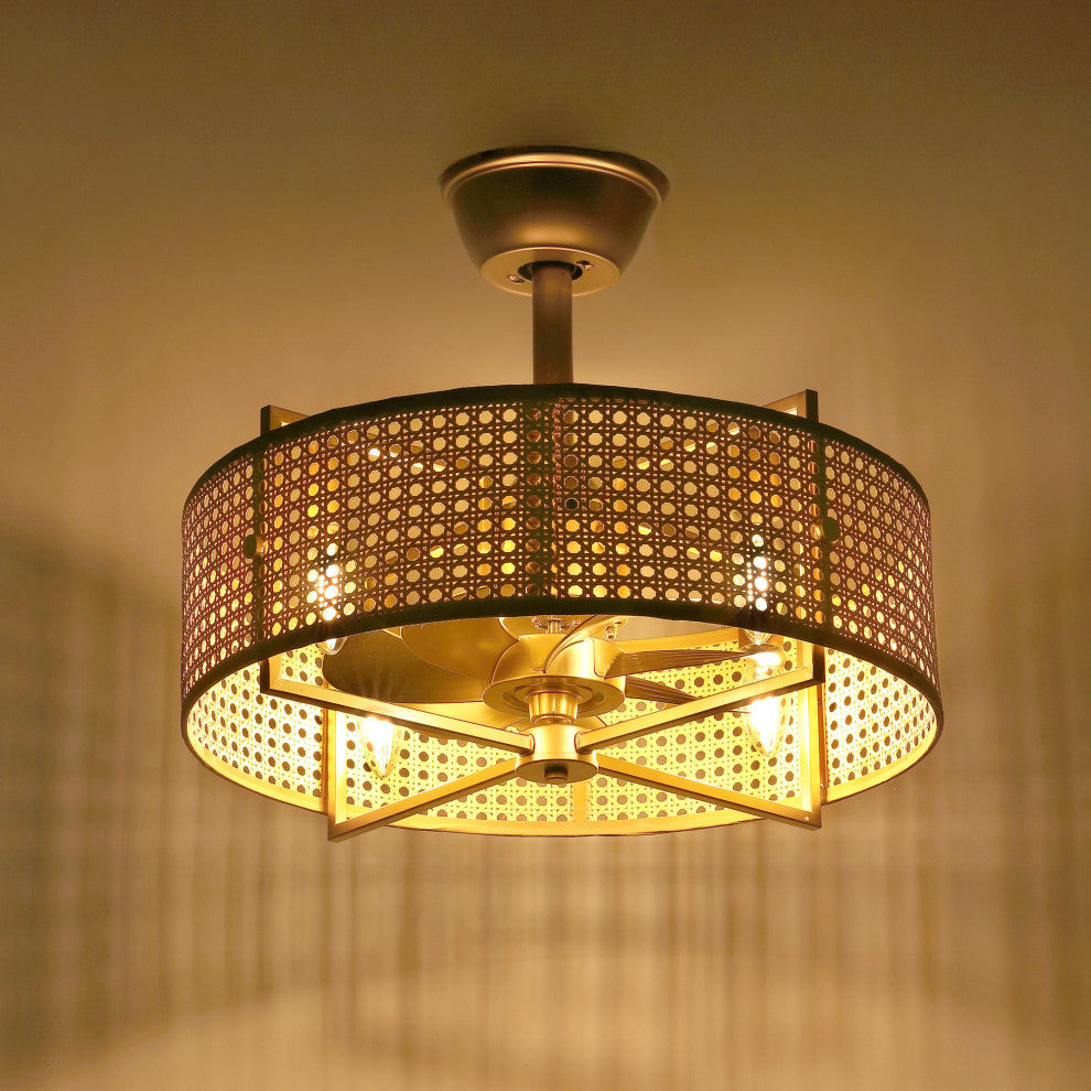 GetLedel 18" Rattan Drum Caged Ceiling Fan With Light and Remote, Gold