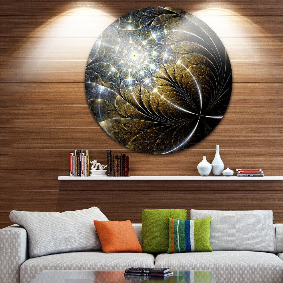 Symmetrical Dark Golden Fractal Flower, Abstract Disc Artwork, 23"