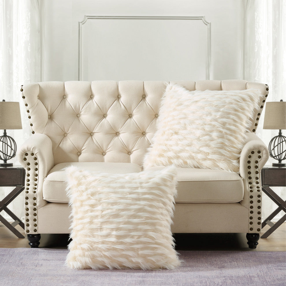 Feathery Faux Fur Pillow Cover 2 Piece Set, Ivory, 26" X 26"