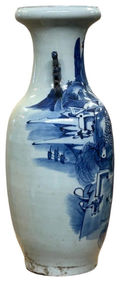 23.5" Vintage Blue White Scenery Porcelain Ru Yi Ear Art Vase Hws4361