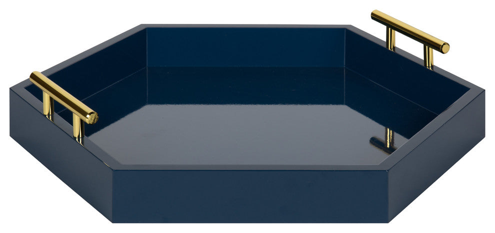 Lipton Hexagon Decorative Tray with Metal Handles, Navy Blue, Gold