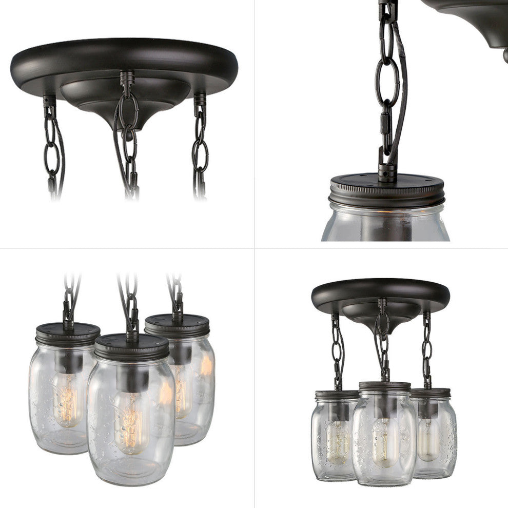 3-Light Glass Mason Jar Hanging Ceiling Pendant Fixture
