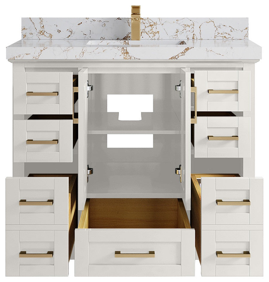 Boston 42" Single Sink Bath Vanity in Alabaster 2" Viola Gold