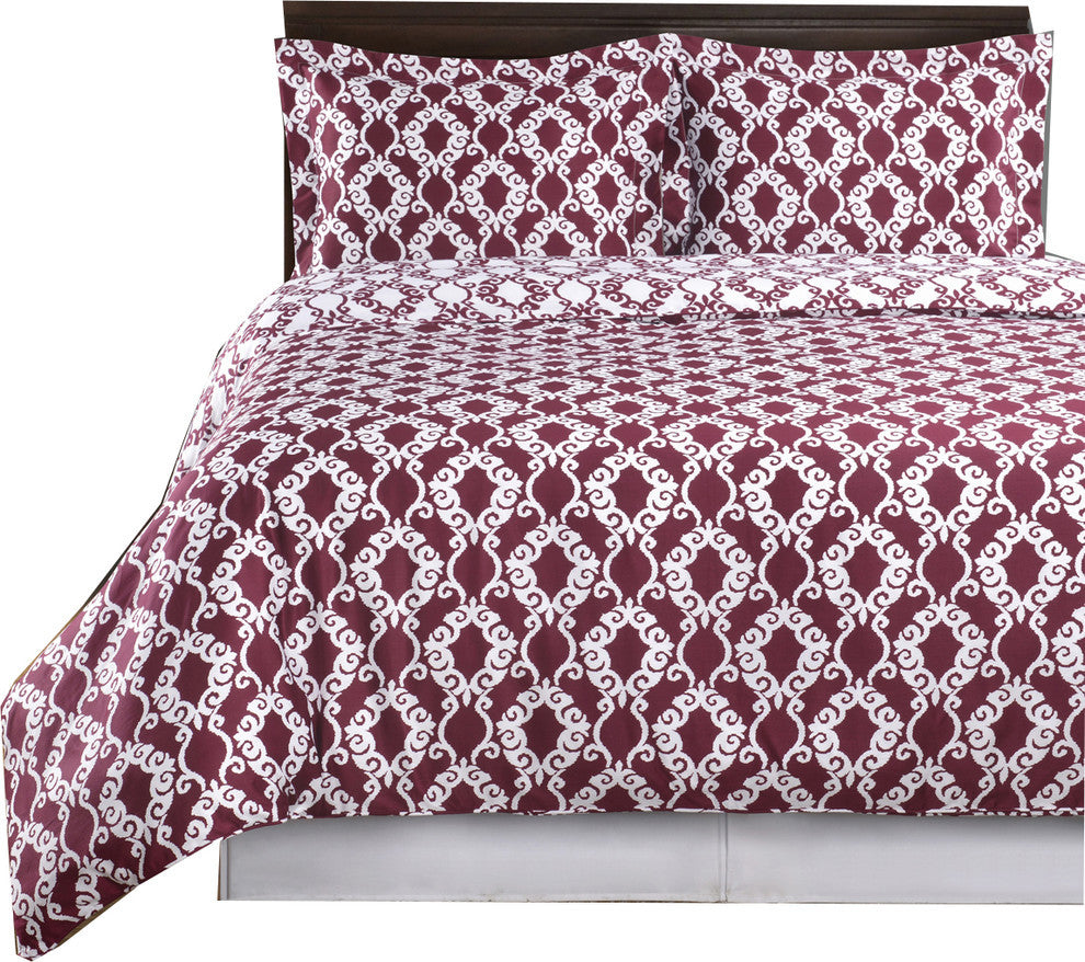Sierra Silky Soft 100% Cotton Duvet Cover Set, Burgundy and White, Twin/Twin XL