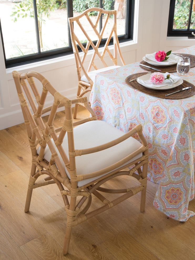 Rattan Chippendale Upholstered Dining Chair, Set of 2, Natural-Brown