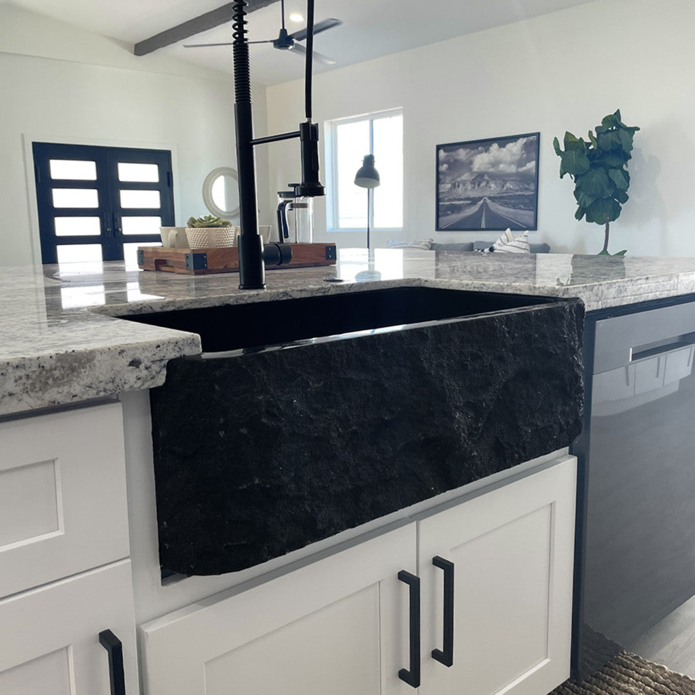 Single Bowl Kitchen Sink, Black Granite With Natural Chiseled Apron