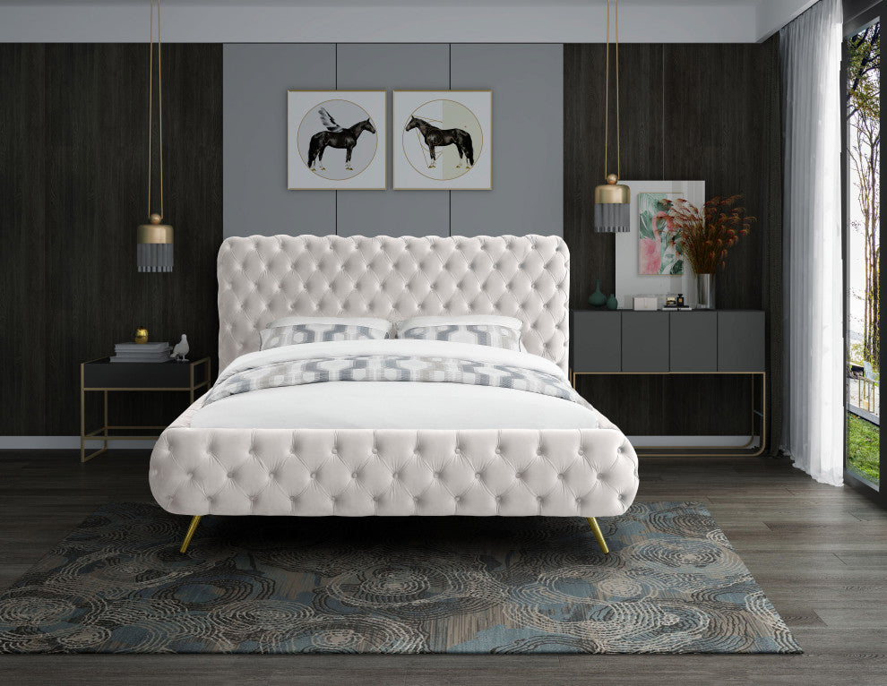 Delano Velvet Upholstered Bed, Cream, Queen