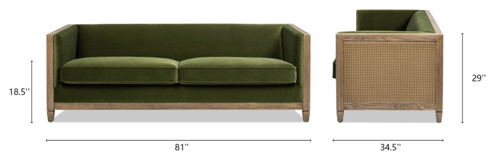 Georgia 81" Cane Rattan Tuxedo Sofa, Olive Green