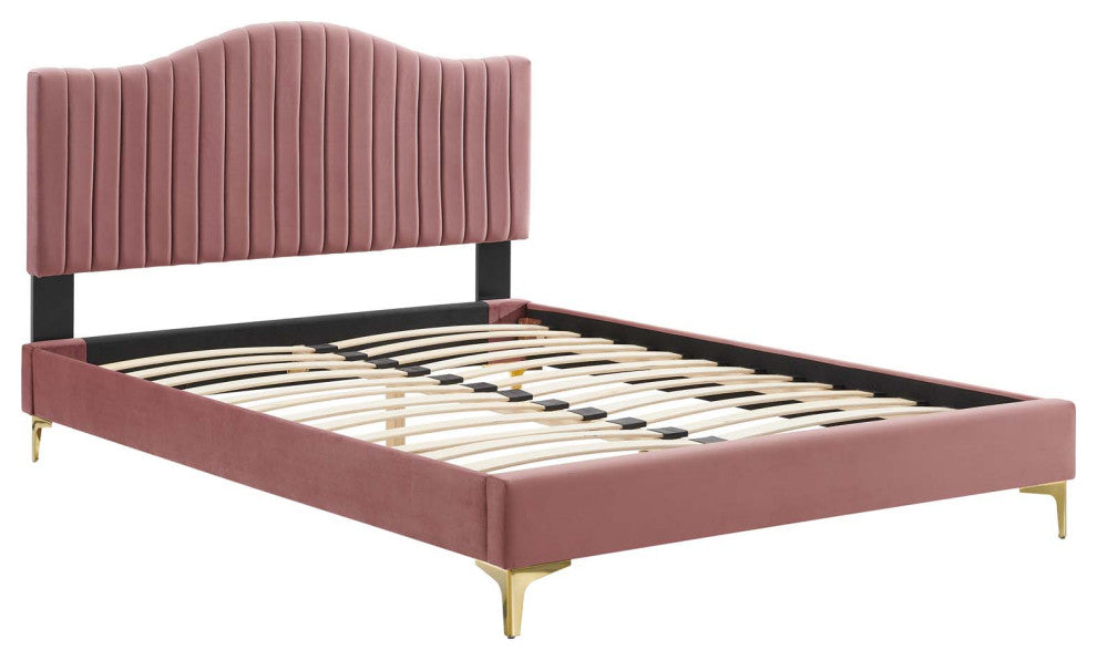 Juniper Channel Tufted Performance Velvet Twin Platform Bed, Dusty Rose