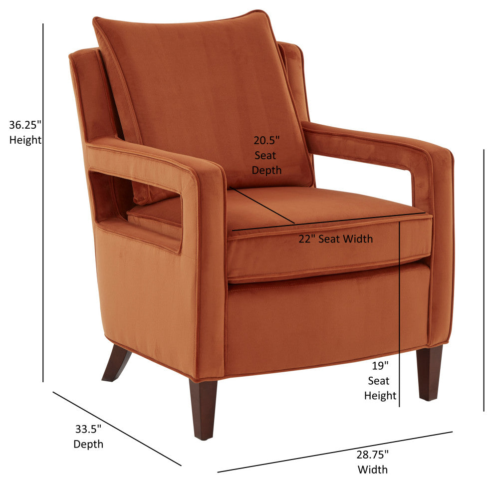 Questa Mid Century Velvet Accent Arm Chair, Burnt Orange