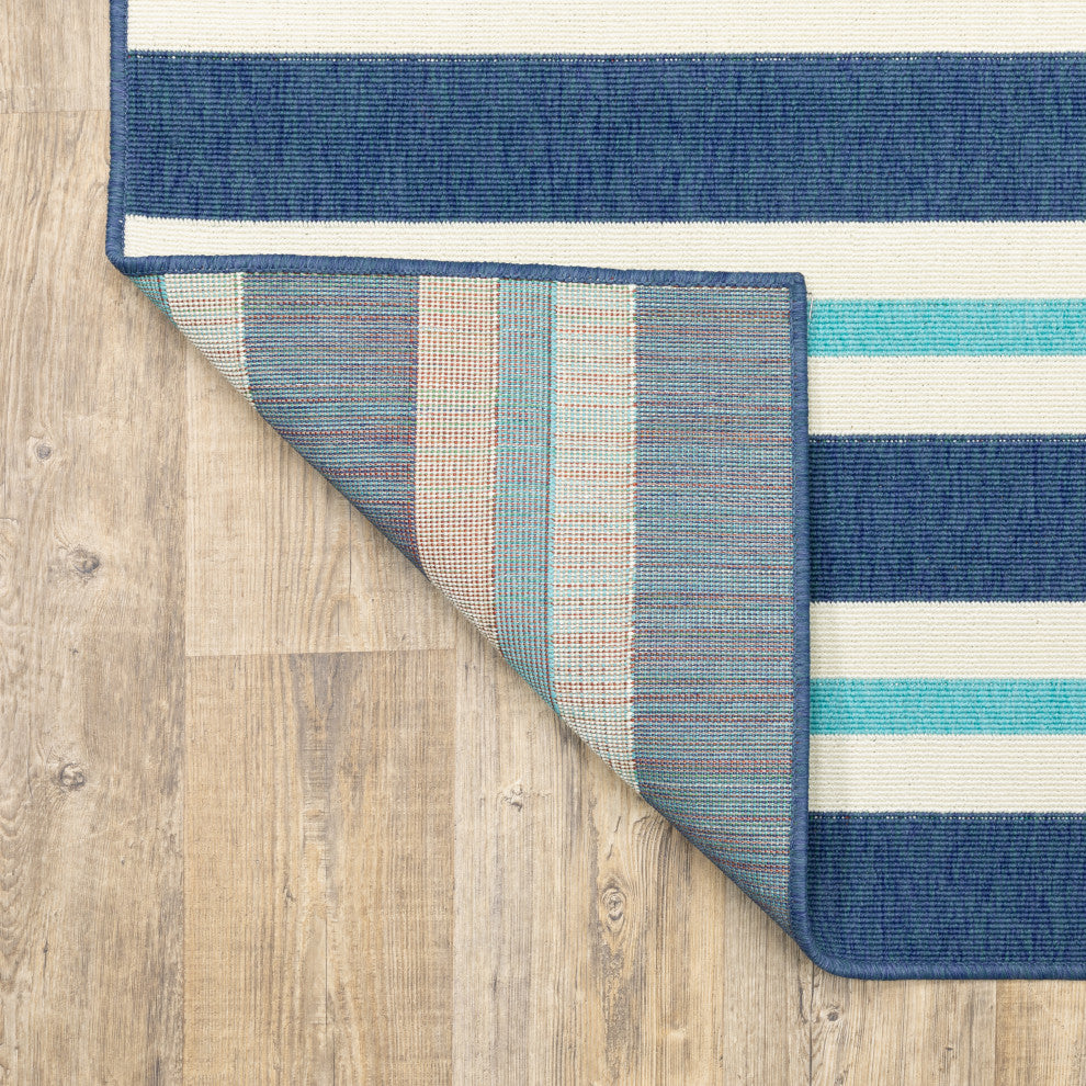 Madelina Stripe Blue and Ivory Indoor or Outdoor Area Rug, 6'7"x9'6"