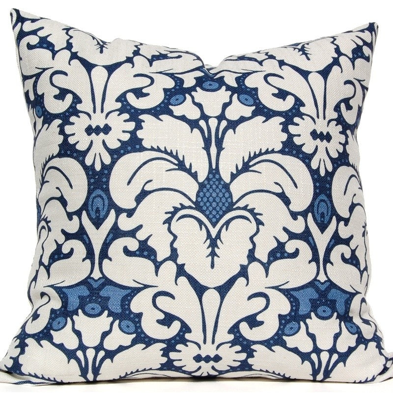 Plumes Damask Pillow, Navy