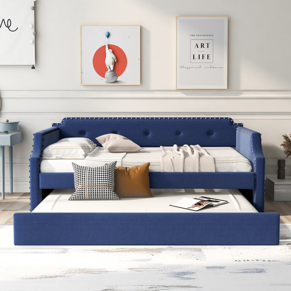 Elegant Linen Upholstered Daybed with Trundle, Blue