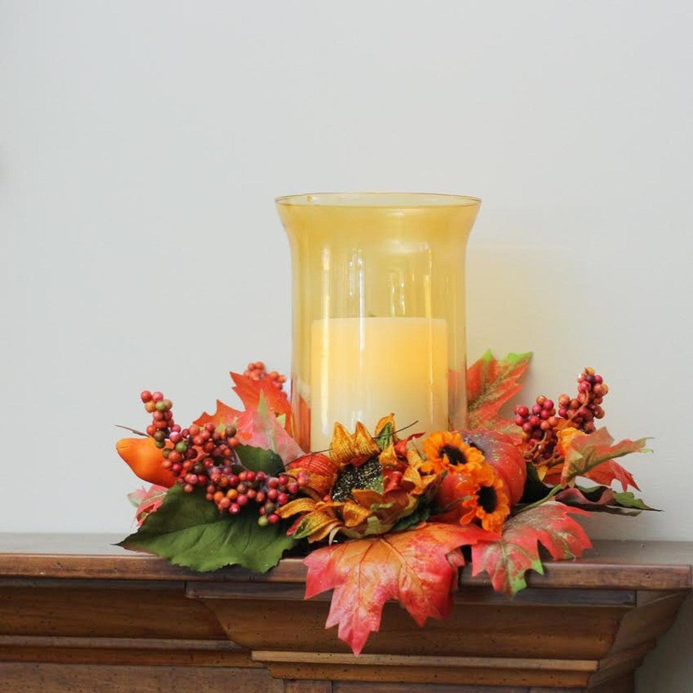 Autumn Harvest Sunflower and PumpkinThanksgiving Hurricane Pillar Candle Holder