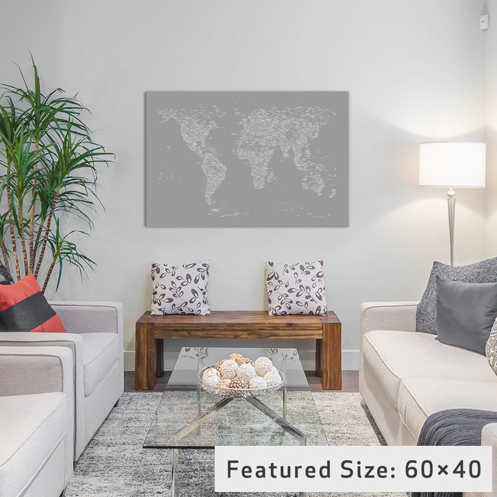 "Font World Map, Gray" Wrapped Canvas Art Print, 26x18x1.5