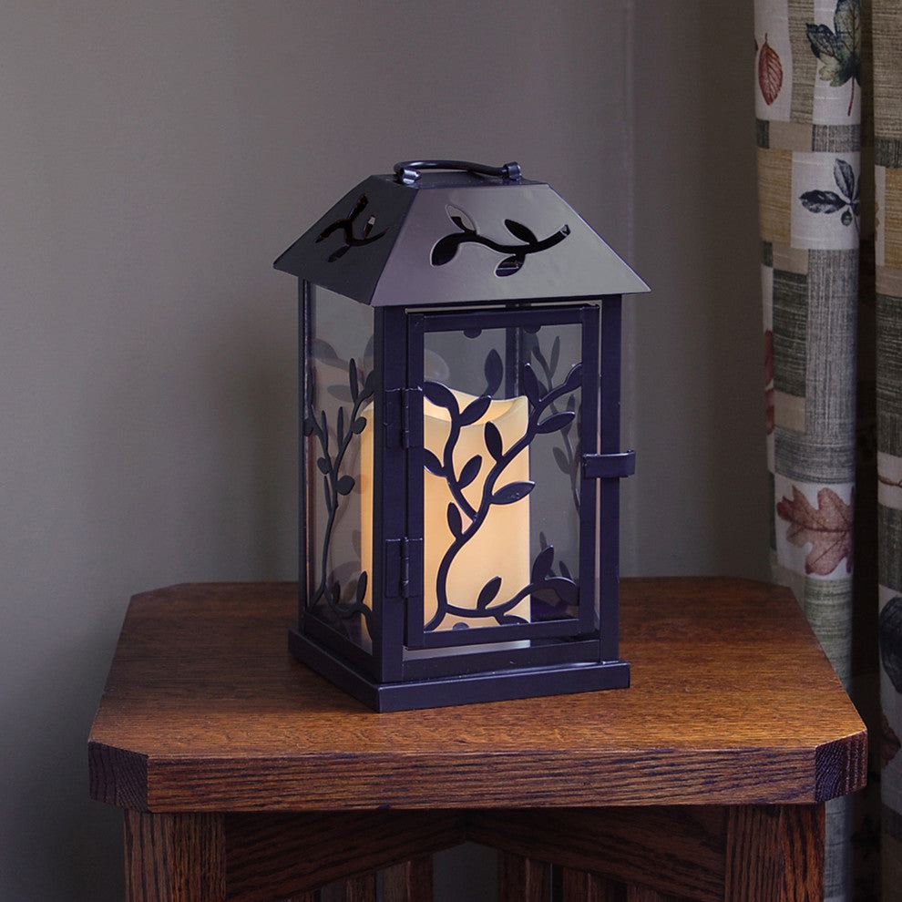Metal Lantern with Flickering LED Candle, Black Vine