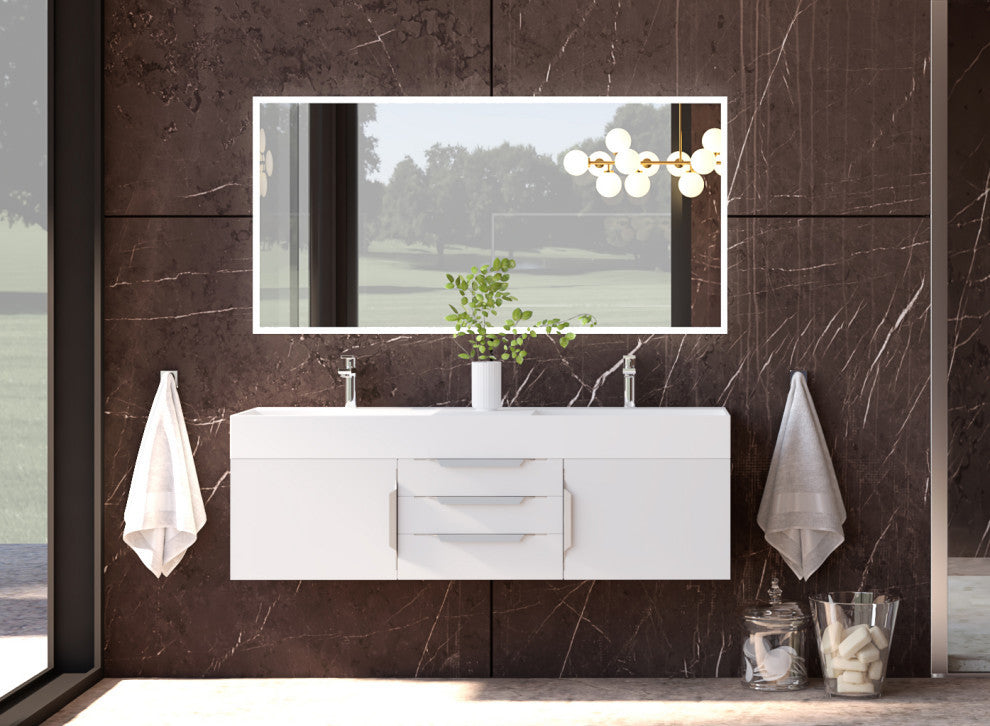 CastelloUSA Amazon 60" Wall Mounted Bathroom Vanity Set, White, White Top, Chrome Handles