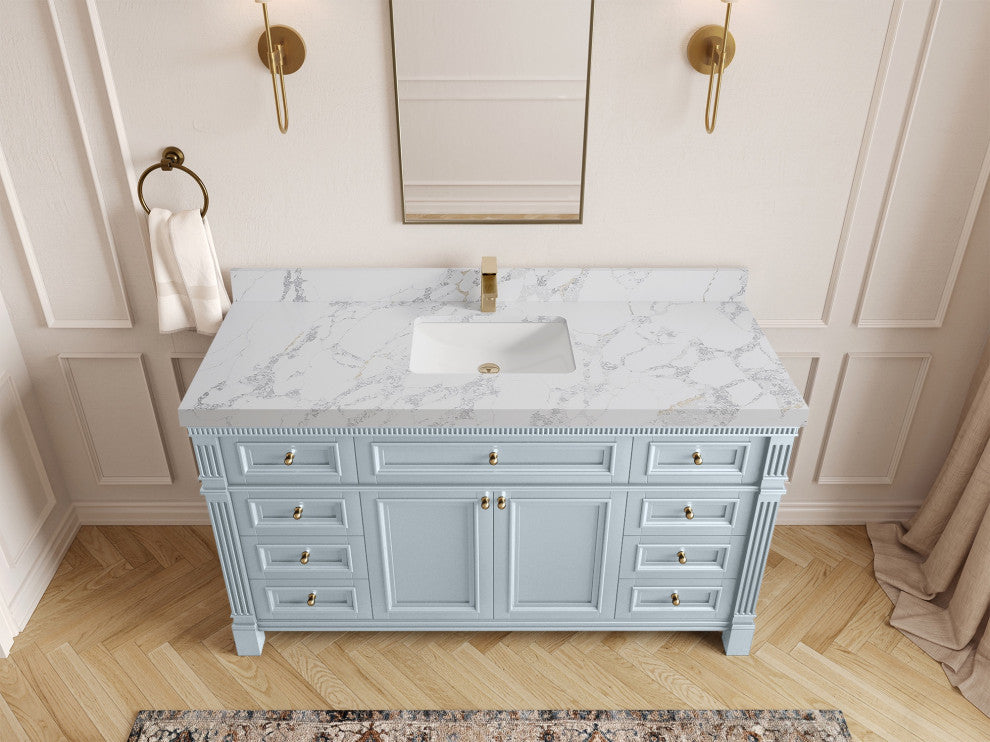 Paris 60" Single Sink Bathroom Vanity, Blue Heather 2" Calacatta Poannazo