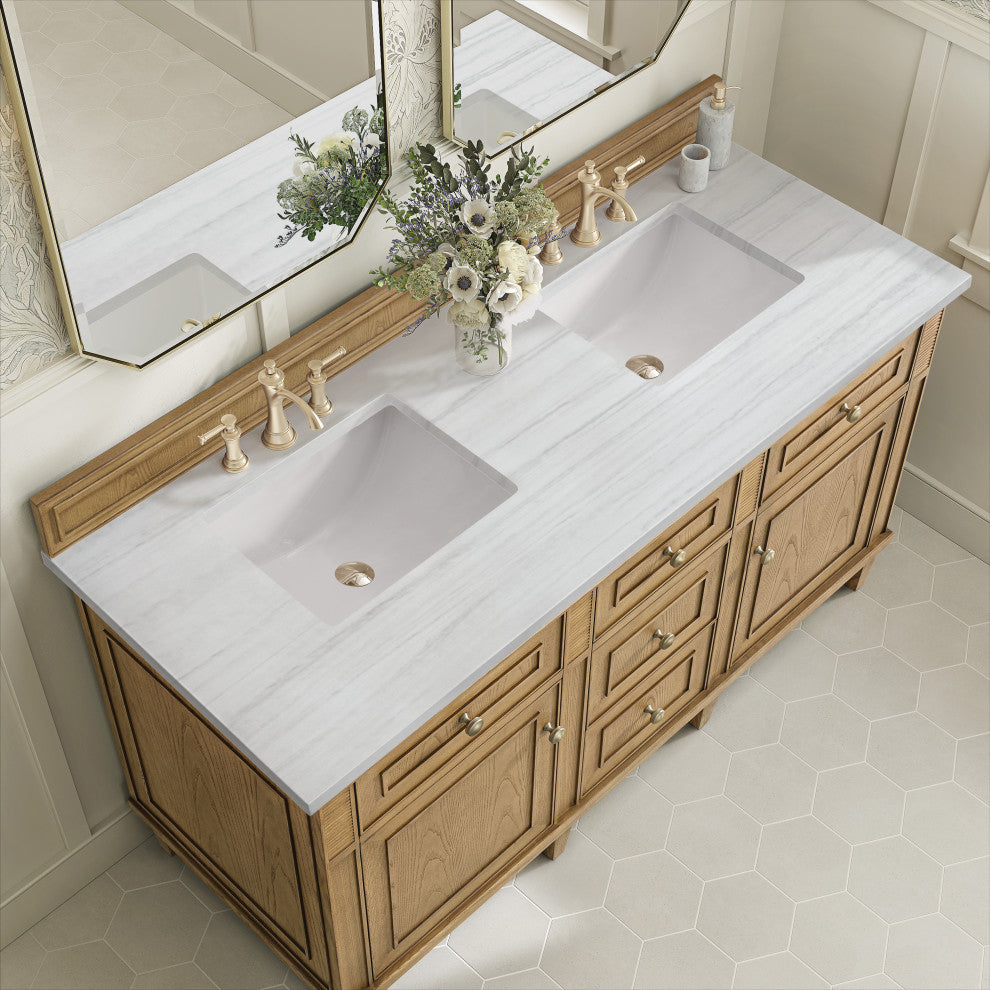 Lorelai 60" Double Vanity, Light Natural Oak, 3 CM Arctic Fall Solid Surface Top