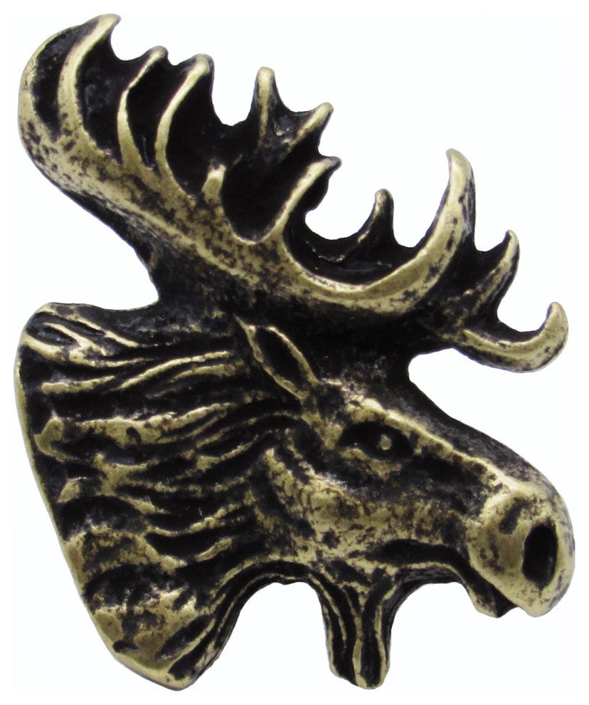 Moose Head Right Facing Cabinet Knob, Antique Brass