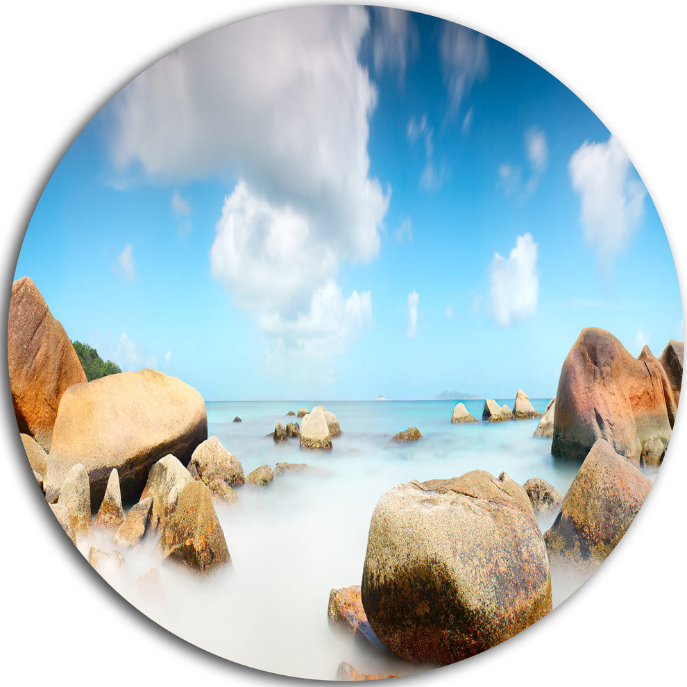 Rocky Blue Seashore Panorama, Round Metal Wall Art Landscape, 11"