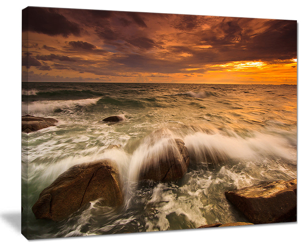 "Rushing Ocean Waves Into Rocks" Seashore Canvas Wall Art, 20"x12"
