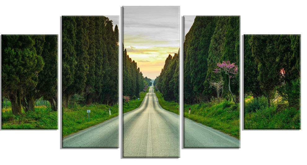"Straight Road Through Cypress Trees" Landscape Wall Art, 5 Panels, 60"x32"