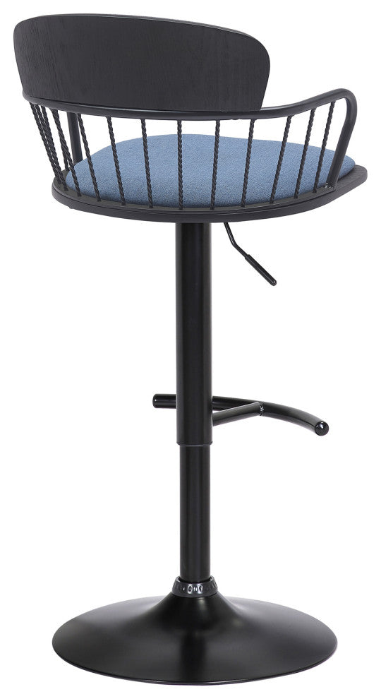 Nash Adjustable Black Wood Bar Stool, Blue Fabric With Black Metal, Blue