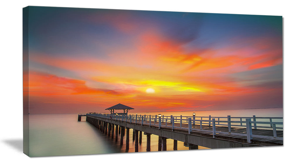 "Wooden Bridge Under Yellow Sky" Sea Pier Wall Art Canvas Print, 40"x20"
