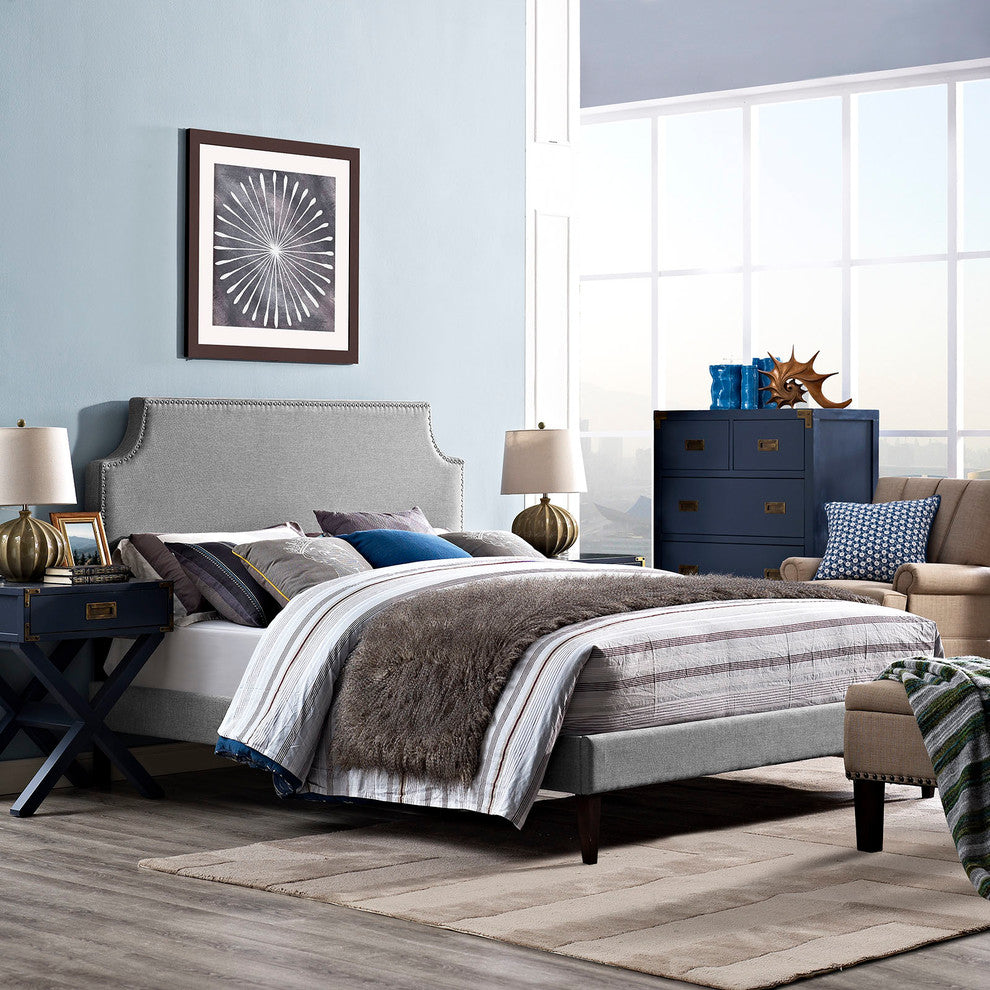 Modway Laura Queen Fabric Platform Bed With Squared Tapered Legs, Light Gray