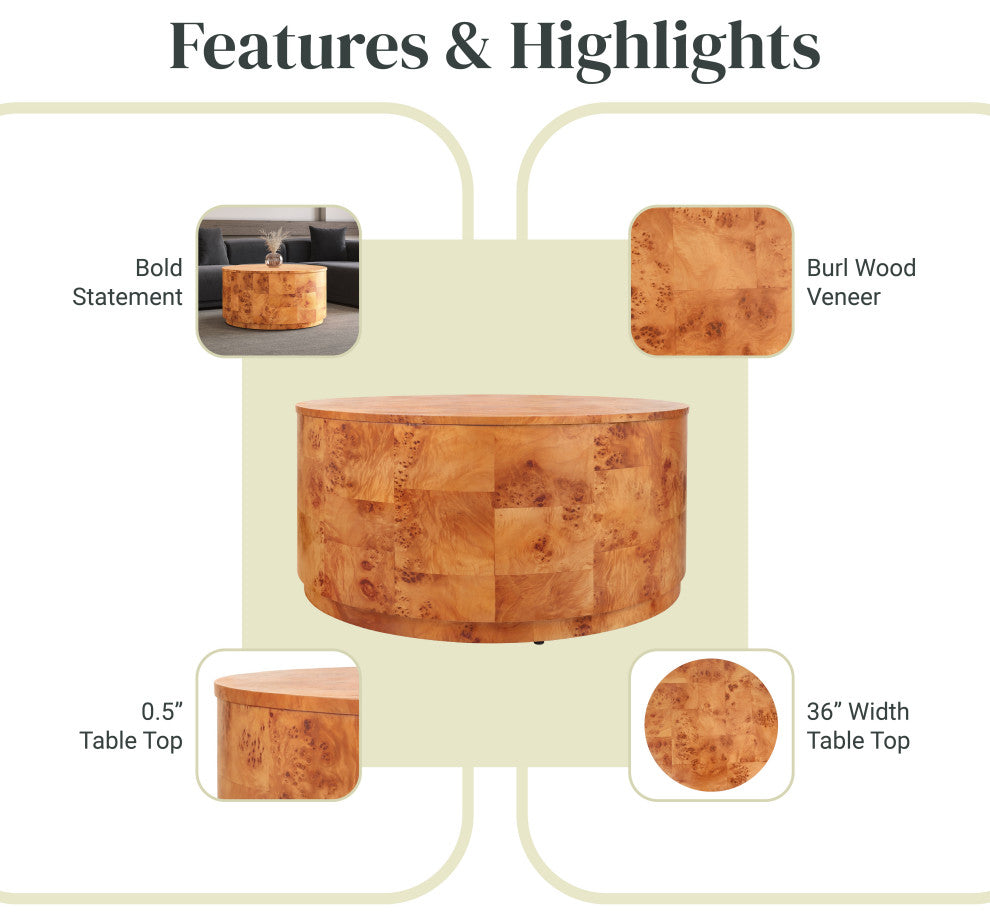 Arsenio Burl Wood Round Table, Golden Brown Burl, Coffee Table