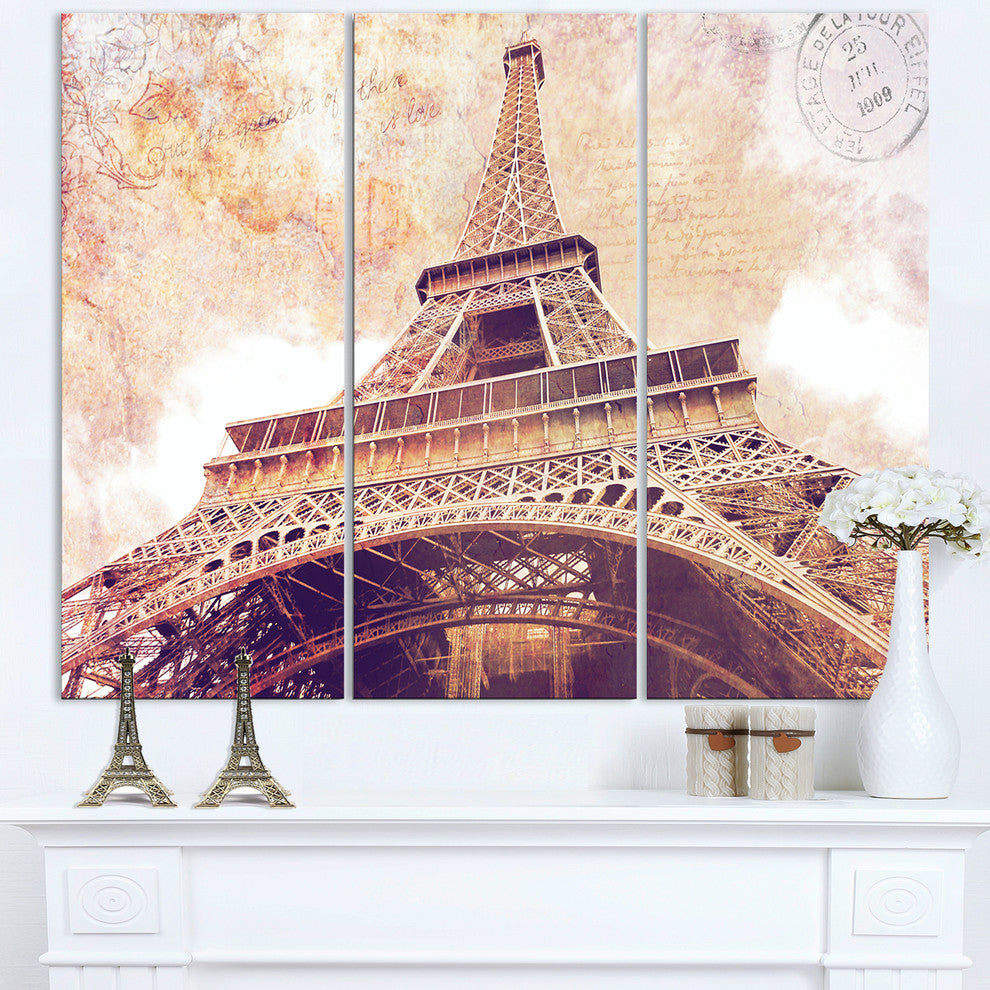 "Paris Eiffel Tower Paris Postcard Design" Metal Wall Art, 3 Panels, 36"x28"