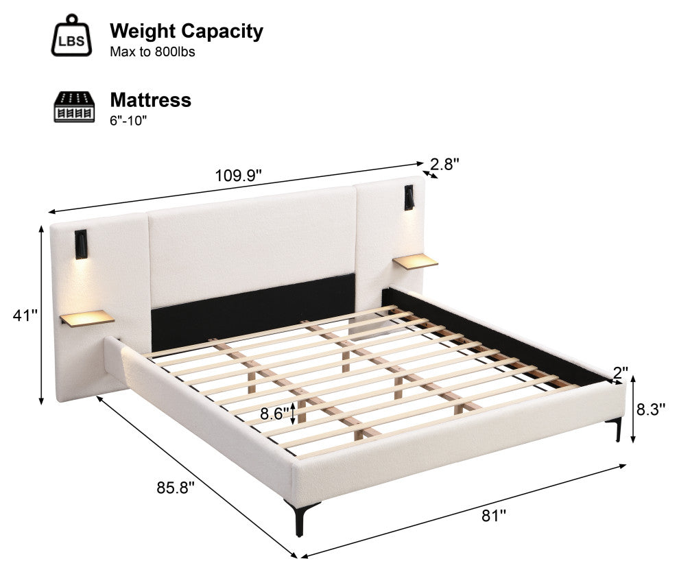GDF Studio Modern Platform Bed, Built-in Lights & Shelves, White, King