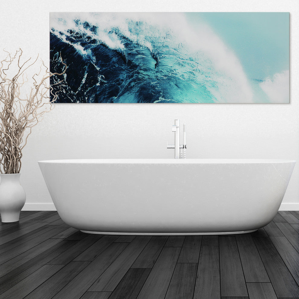 "Blue Wave 1" Wall Art Frameless Free Floating Tempered Glass Print 24" x 63"