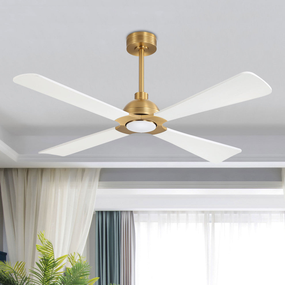 56" 4-Blade Solid Wood Ceiling Fan With LED Light and Remote Control, Gold/White