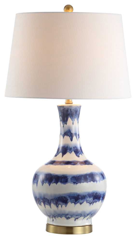 Tucker 30.5" Striped Ceramic and Metal LED Table Lamp, Blue, White