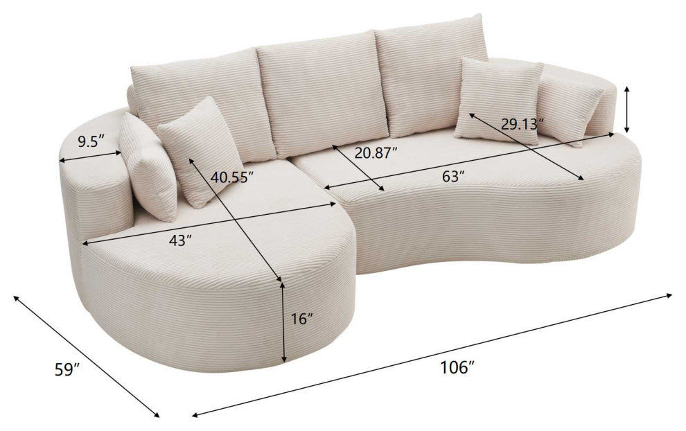 GDF Studio 106" 2-Piece Cloud Curved 3-Seater Sectional Sofa, Right Facing, Whitecap Gray