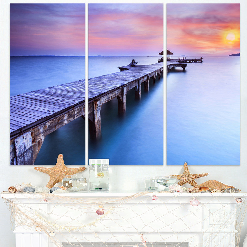 "Wooden Bridge Over Blue Waters" Sea Pier Metal Wall Art, 3 Panels, 36"x28"