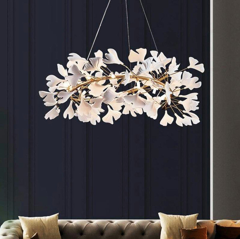 Ceramic Ginkgo Leaf Tree Branch Chandelier Lighting, D40"