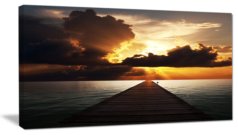 "Indefinite Wooden Pier To Gloomy Sea" Sea Bridge Canvas Print, 32"x16"