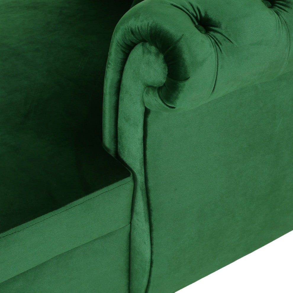 Harrisville Modern Tufted Velvet Tete-a-Tete Chaise Lounge with Accent Pillows, Emerald + Dark Brown