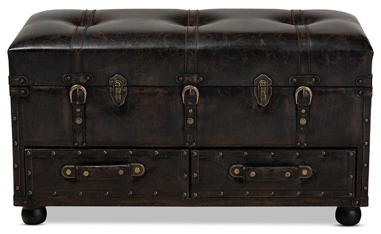 Distressed Dark Brown Faux Leather Upholstered 2-Drawer Storage Trunk Ottoman