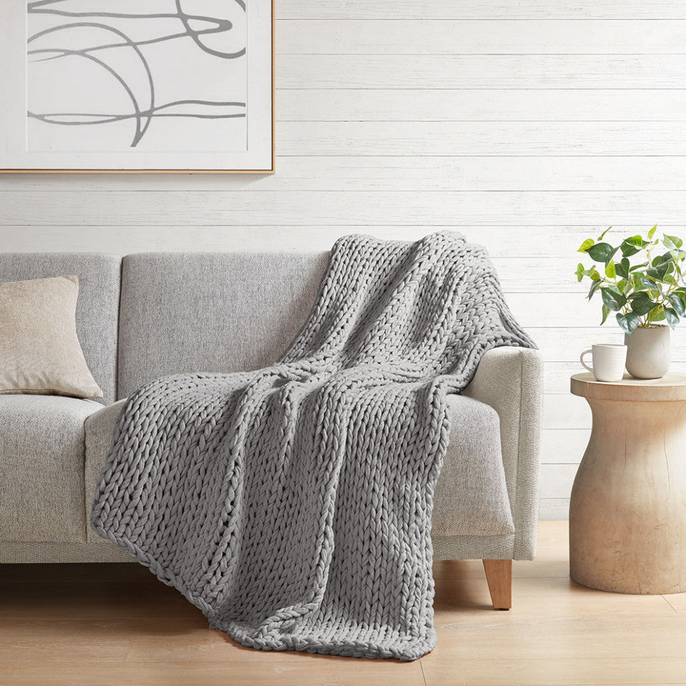 Madison Park Chunky Double Knit Handmade Throw Blanket, Blush, Light Grey