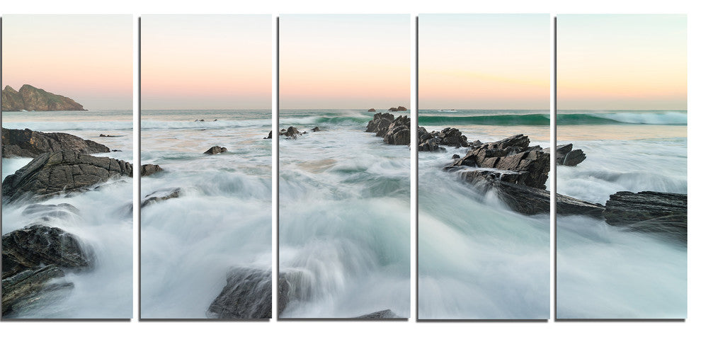 "Sunrise At The Bay of Biscay" Modern Beach Canvas Art Print, 5 Panels, 60"x28"
