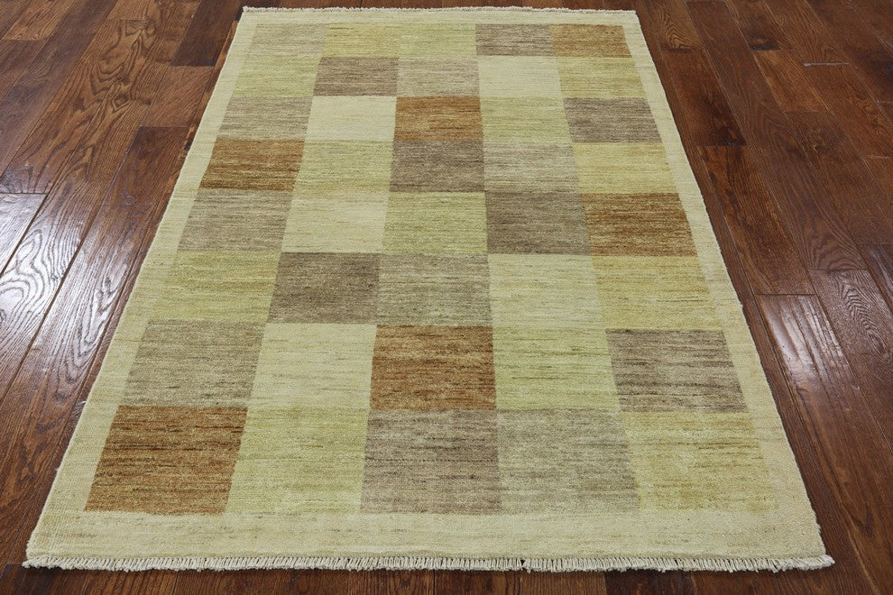 Neutral Multicolor Checked Gabbeh Hand-Knotted Wool Rug, 4'x6'