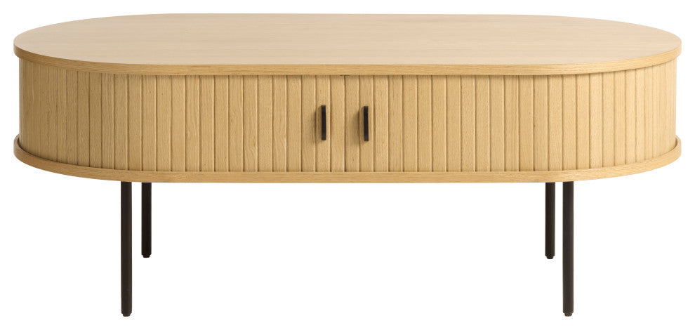 Mid-Century Modern Rounded Sliding Door Coffee Table 47x24, Natural Oak